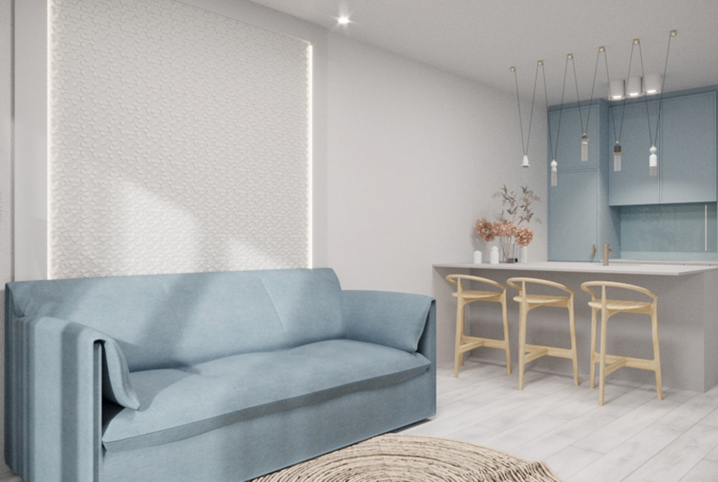 widok z salonu na aneks kuchenny w luksusowym apartamencie na sprzedaż nad morzem