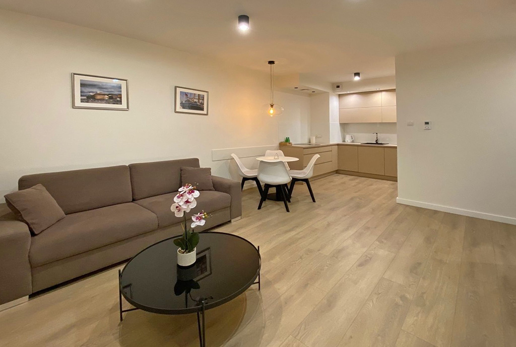 widok na pokój dzienny w ekskluzywnym apartamencie na wynajem Szczecin