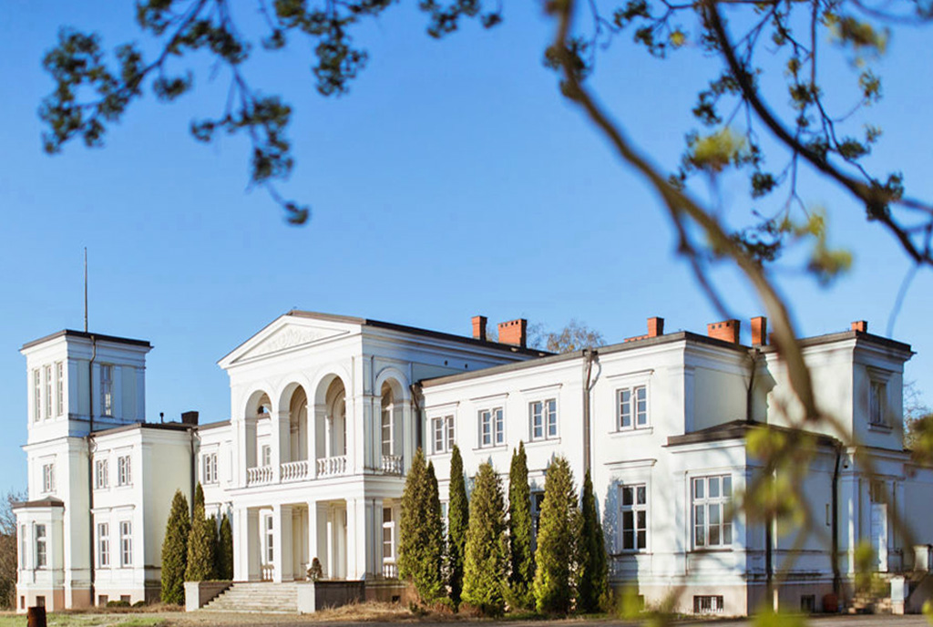 imponujące rozmachem wejście do luksusowego pałacu na sprzedaż Wielkopolska