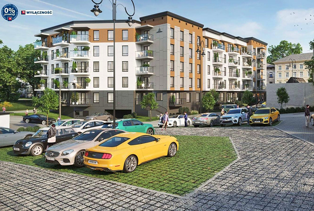 na pierwszym planie parking przed luksusowym apartamentem do sprzedaży Legnica