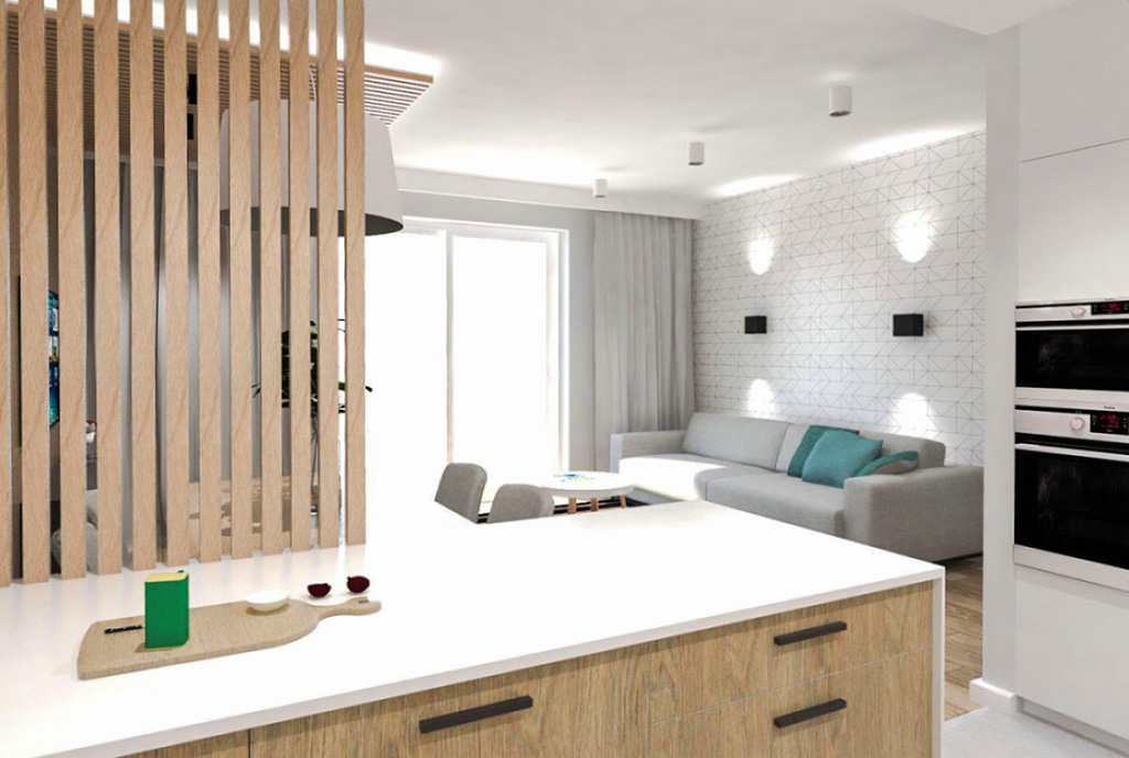 widok z jadalni na salon w ekskluzywnym apartamencie do sprzedaży Ostrów Wielkopolski