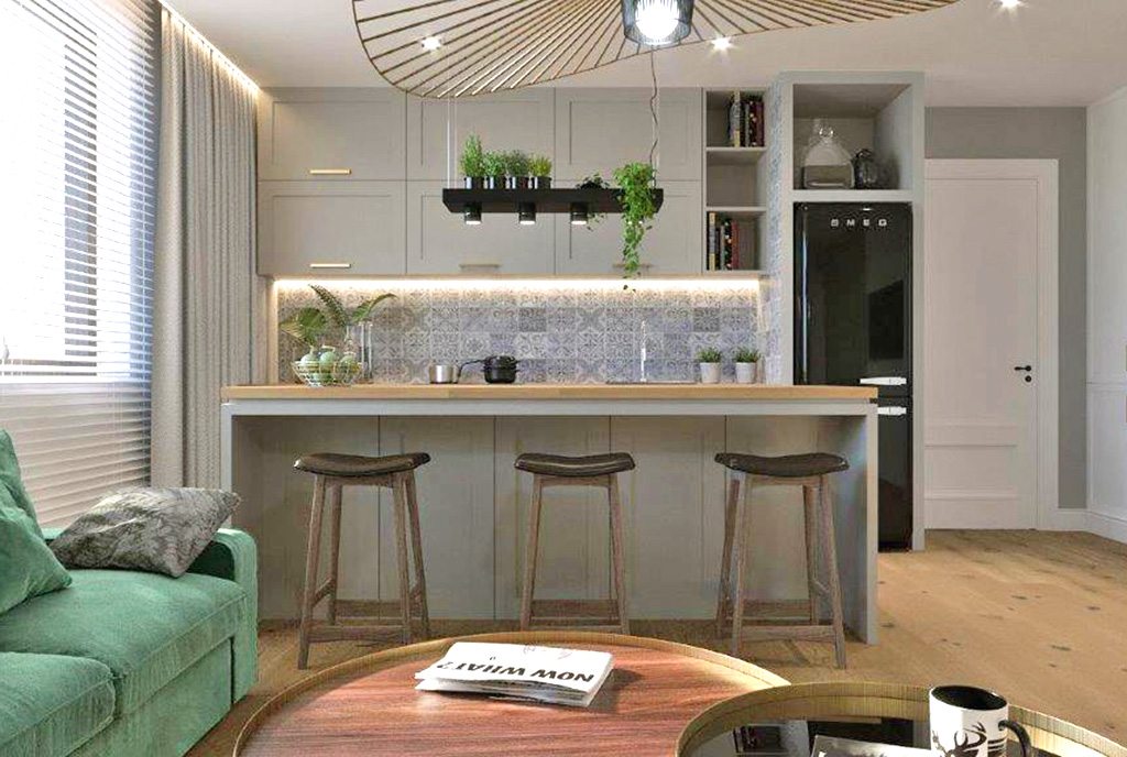 widok z salonu na aneks kuchenny w ekskluzywnym apartamencie do wynajęcia Częstochowa