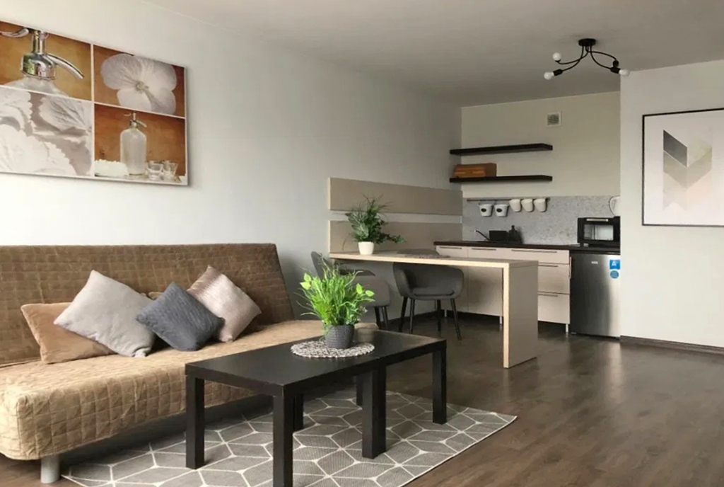 zdjęcie prezentuje pokój dzienny oraz aneks kuchenny w luksusowym apartamencie do wynajmu Szczecin