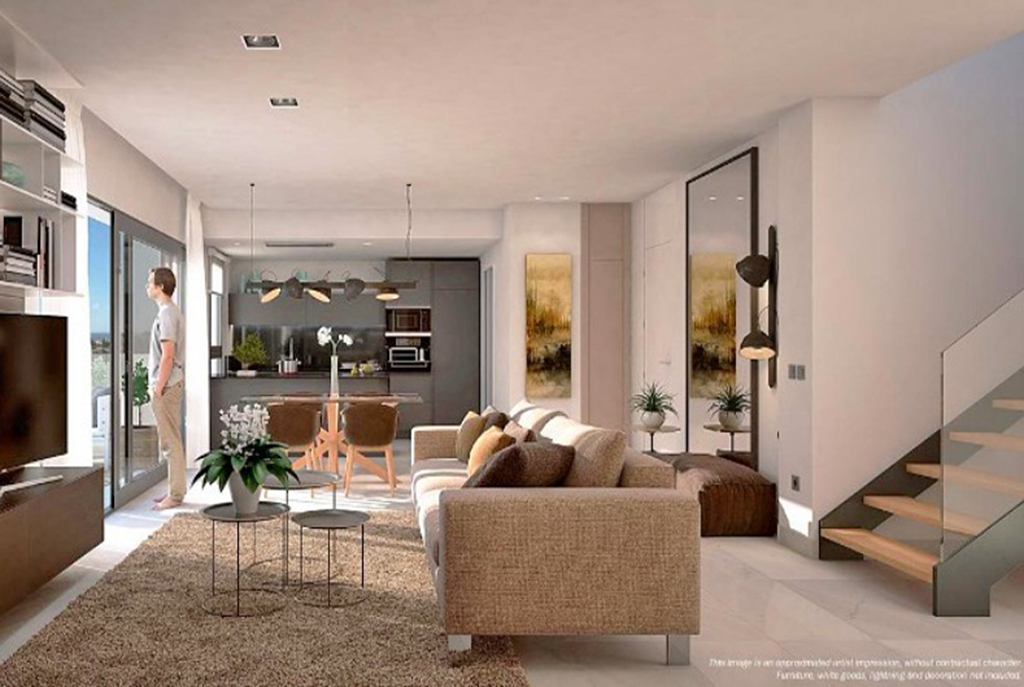 zaprojektowany w nowoczesnym designie salon w luksusowym apartamencie na sprzedaż Hiszpania