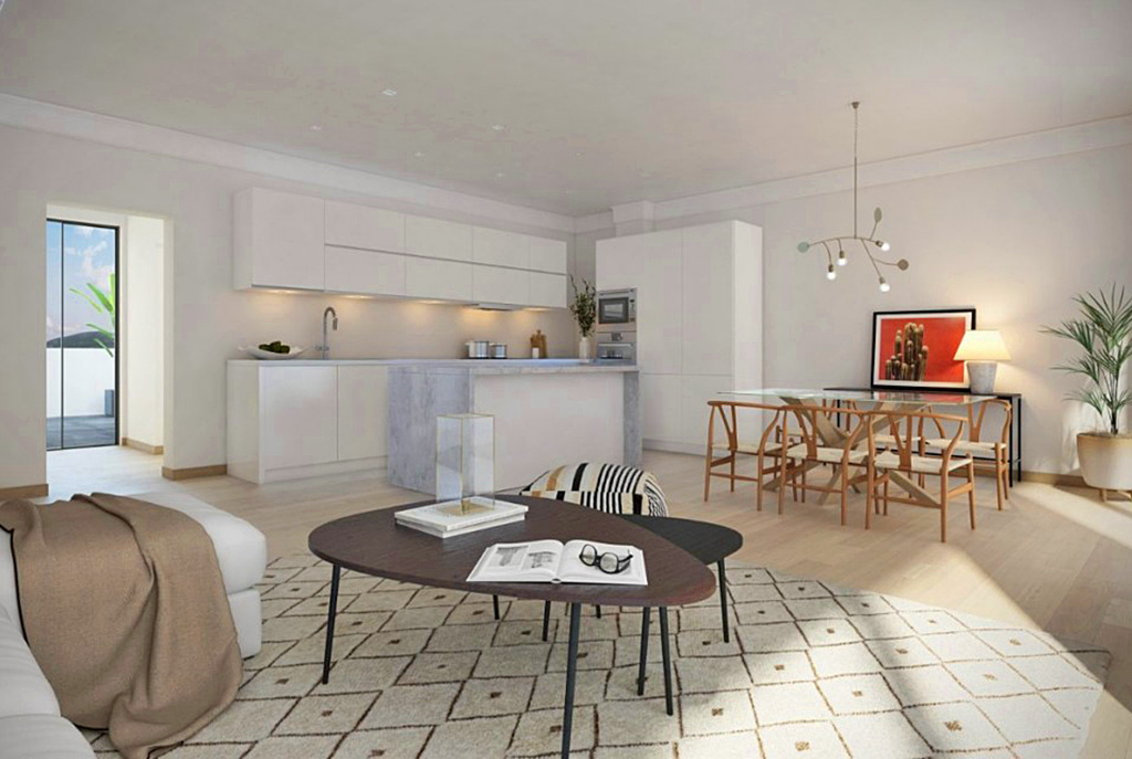 rzut na jadalnię i aneks kuchenny w luksusowym apartamencie do sprzedaży Hiszpania