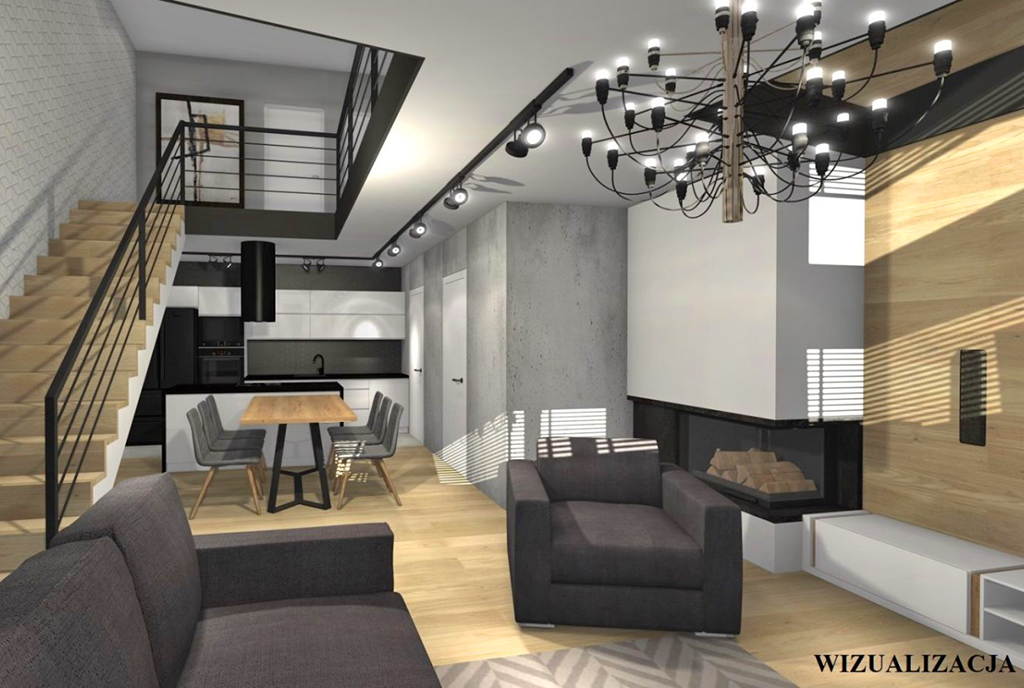 zaprojektowane na dwóch poziomach wnętrze luksusowego apartamentu na sprzedaż Kwidzyn