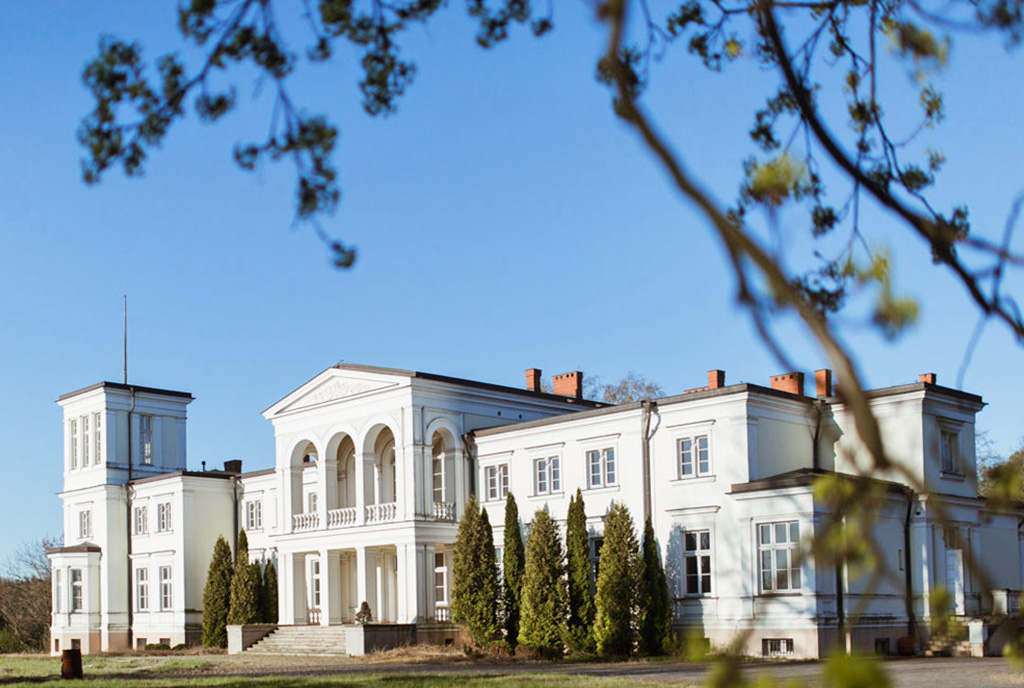 zapierające dech w piersiach rozmachem wejście z kolumnami do ekskluzywnego pałacu do sprzedaży Wielkopolska