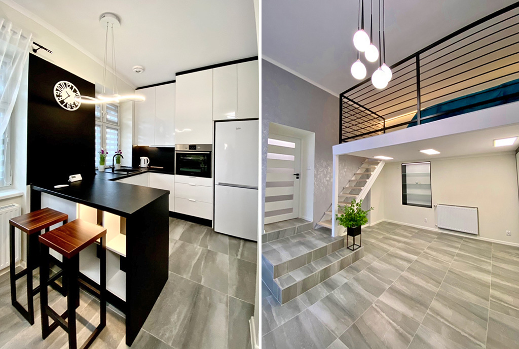 antresola oraz kuchnia w luksusowym apartamencie na sprzedaż Legnica
