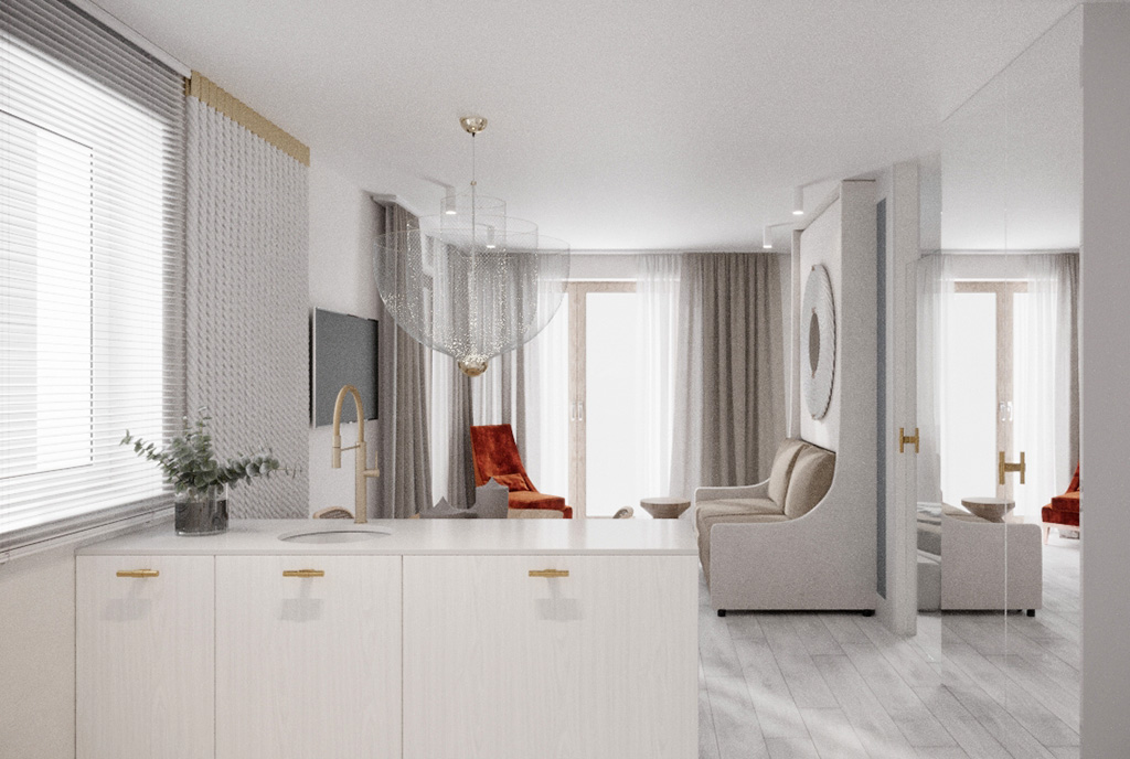 widok z kuchni na pokój dzienny w luksusowym apartamencie do sprzedaży nad morzem