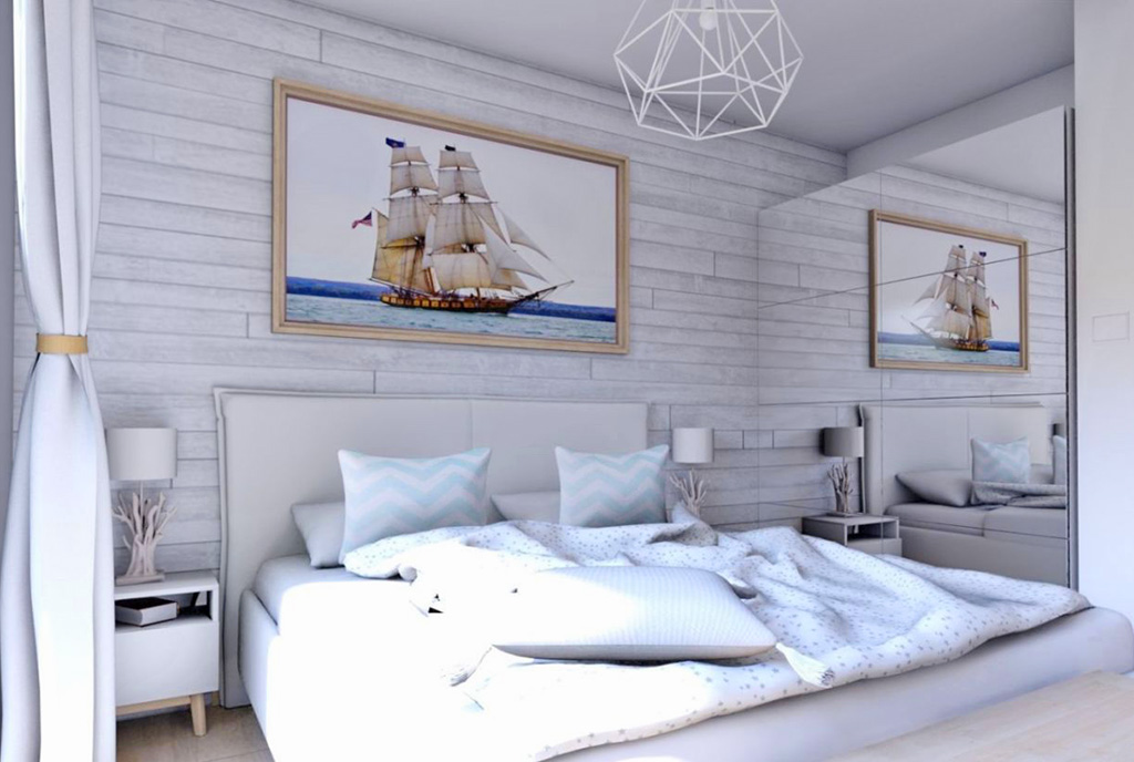 praktycznie urządzona sypialnia w ekskluzywnym apartamencie do sprzedaży nad morzem