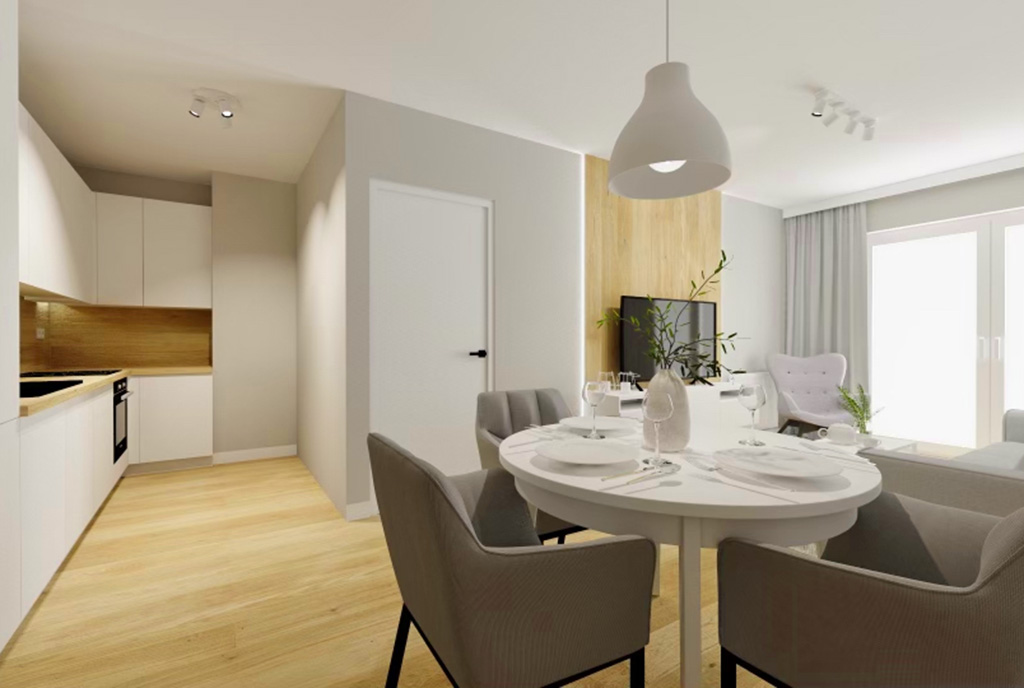 na pierwszym planie elegancka jadalnia w luksusowym apartamencie na sprzedaż Szczecin