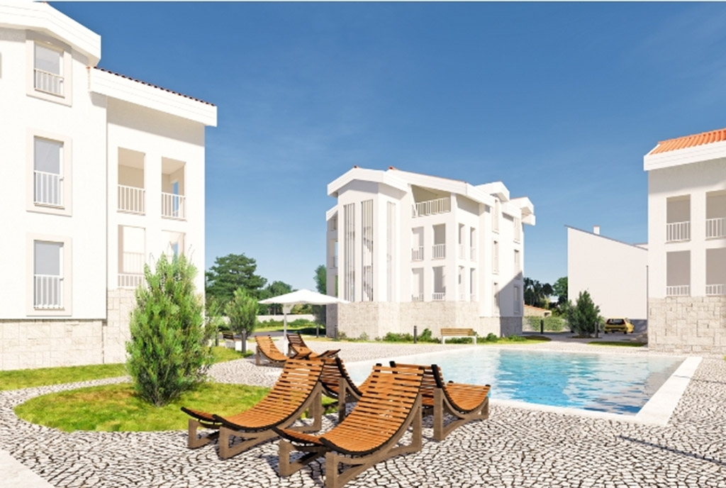 na pierwszym planie osiedle z basenem przy ekskluzywnym apartamencie na sprzedaż Chorwacja (Sovlje)