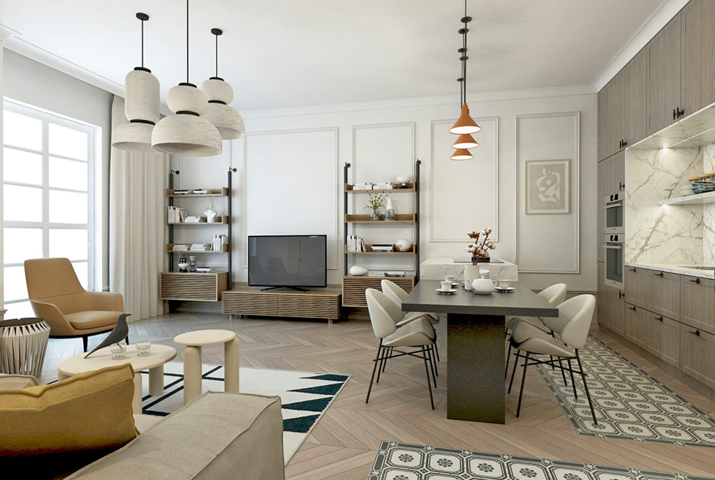 widok z innej perspektywy na salon w luksusowym apartamencie na sprzedaż Kalisz