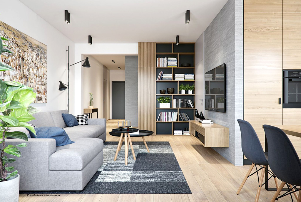 nowocześnie zaprojektowany salon w ekskluzywnym apartamencie na sprzedaż Wieluń