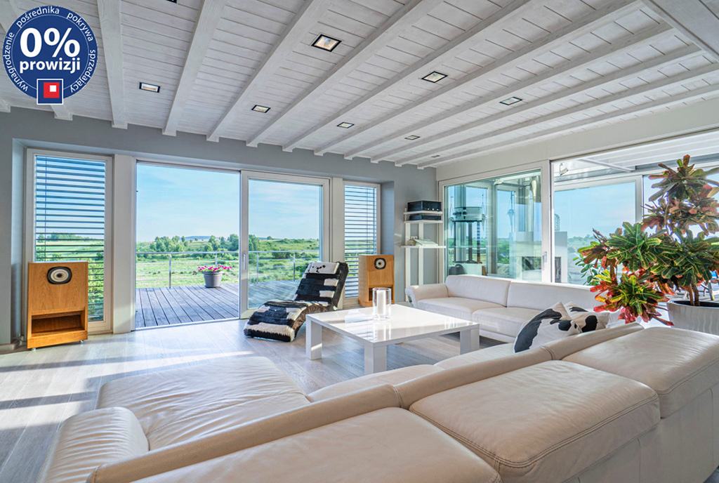 zbliżenie na pokój dzienny i taras przy ekskluzywnej willi do sprzedaży Katowice (okolice)