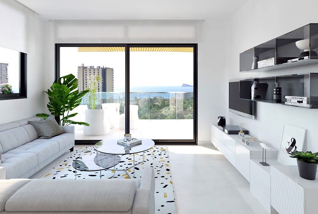 zaprojektowany zgodnie z najnowszymi trendami salon w ekskluzywnym apartamencie do sprzedaży Hiszpania (Benidorm, Urb. Las Lomas)
