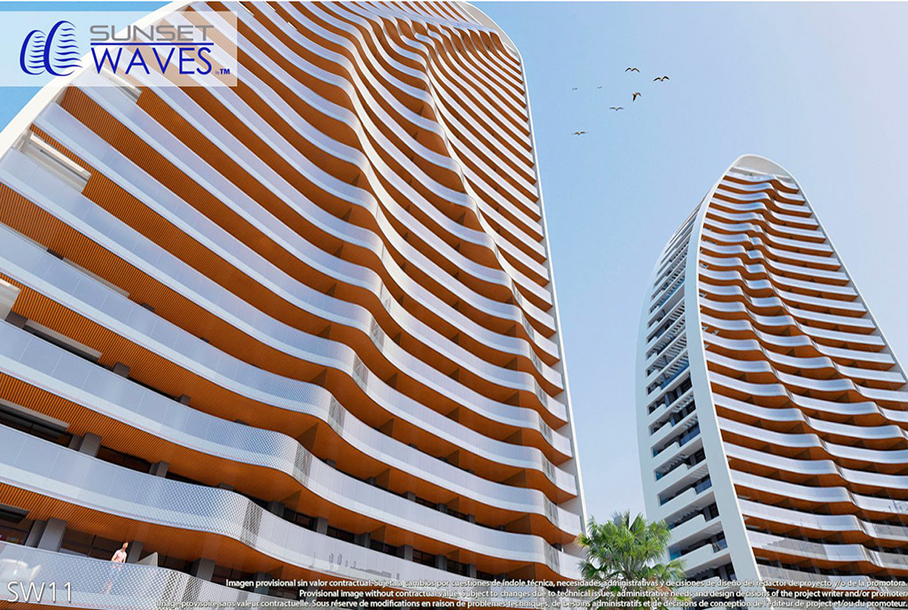 futurystyczny apartamentowiec, w którym znajduje się oferowany na sprzedaż ekskluzywny apartament Hiszpania (Benidorm, Urb. Las Lomas)
