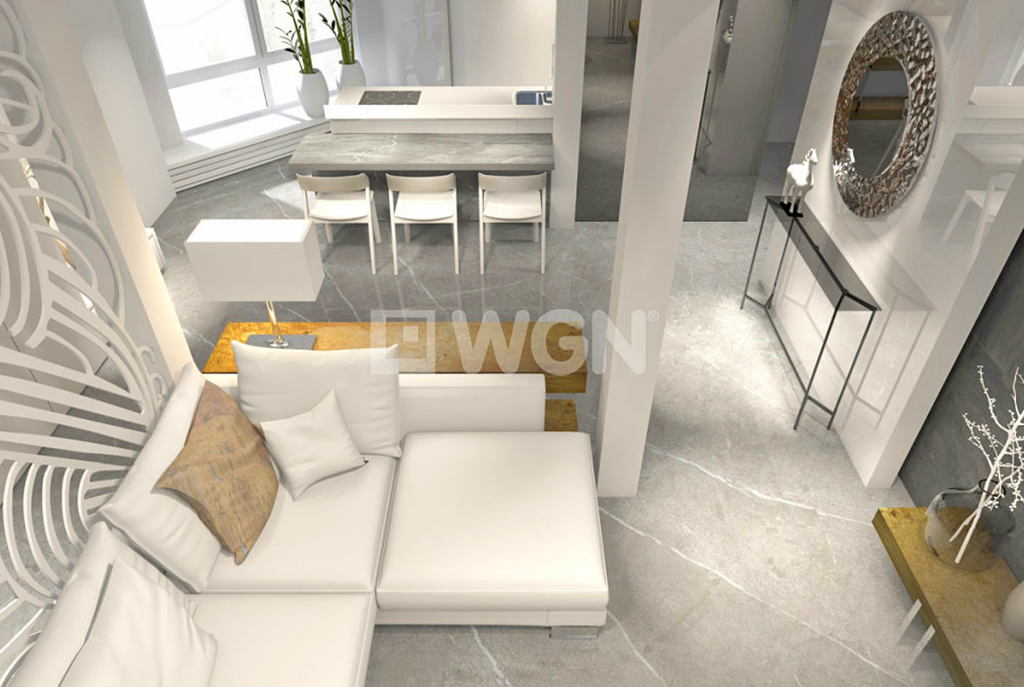 rzut z wyższego poziomu na luksusowy salon w ekskluzywnym apartamencie w Szczecinie na sprzedaż