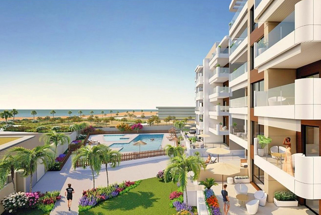 widok na osiedle z basenem, gdzie znajduje się oferowany na sprzedaż luksusowy apartament Hiszpania (Mil Palmeras)