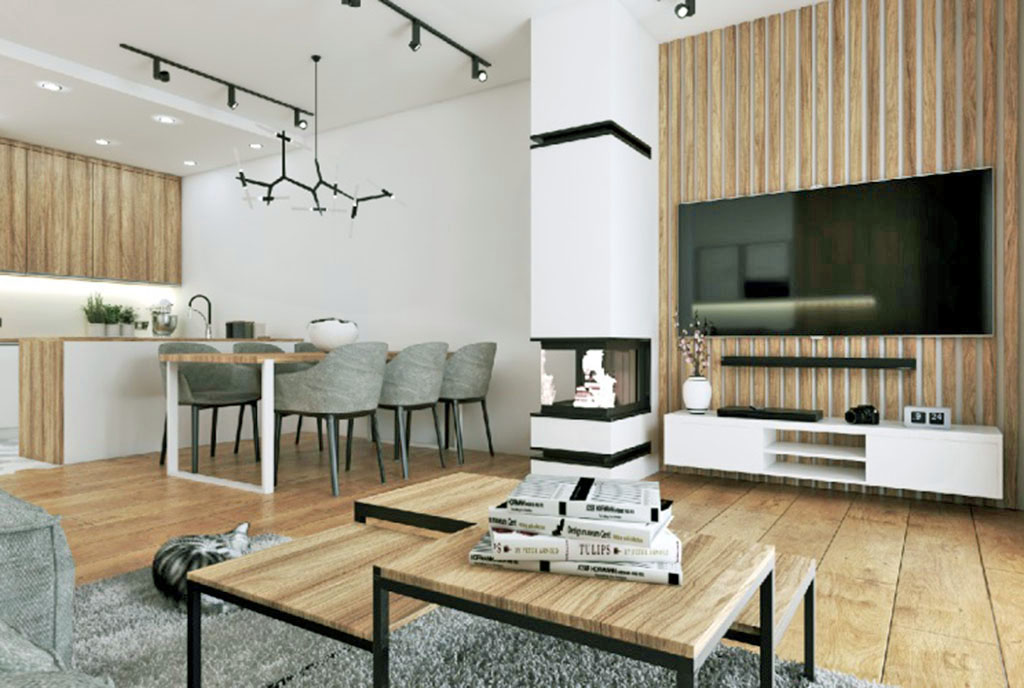 zaprojektowane w nowoczesnym designie wnętrze salonu w ekskluzywnej willi na sprzedaż Legnica (okolice)