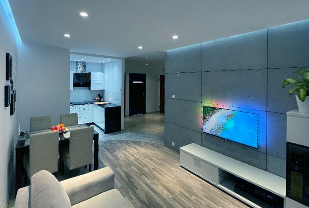 zaaranżowany we współczesnym designie salon w luksusowym apartamencie na sprzedaż Pruszcz Gdańsk