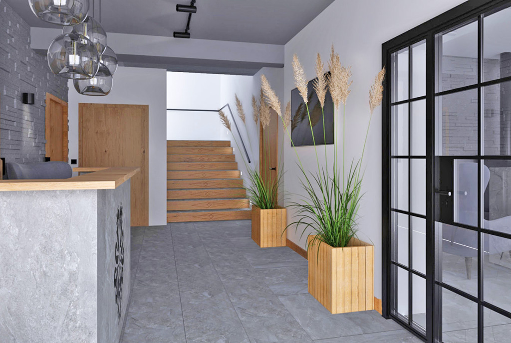 zaaranżowany we współczesnym designie hol w luksusowym apartamencie na sprzedaż Szczyrk