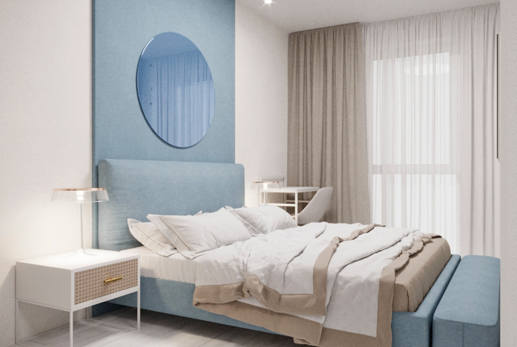 elegancka sypialnia w luksusowym apartamencie do sprzedaży nad morzem