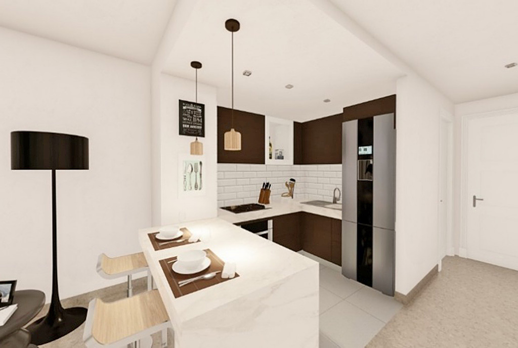 funkcjonalnie wyposażona i umeblowana kuchnia z jadalnią w luksusowym apartamencie do sprzedaży Hiszpania (Manilva, Malaga)