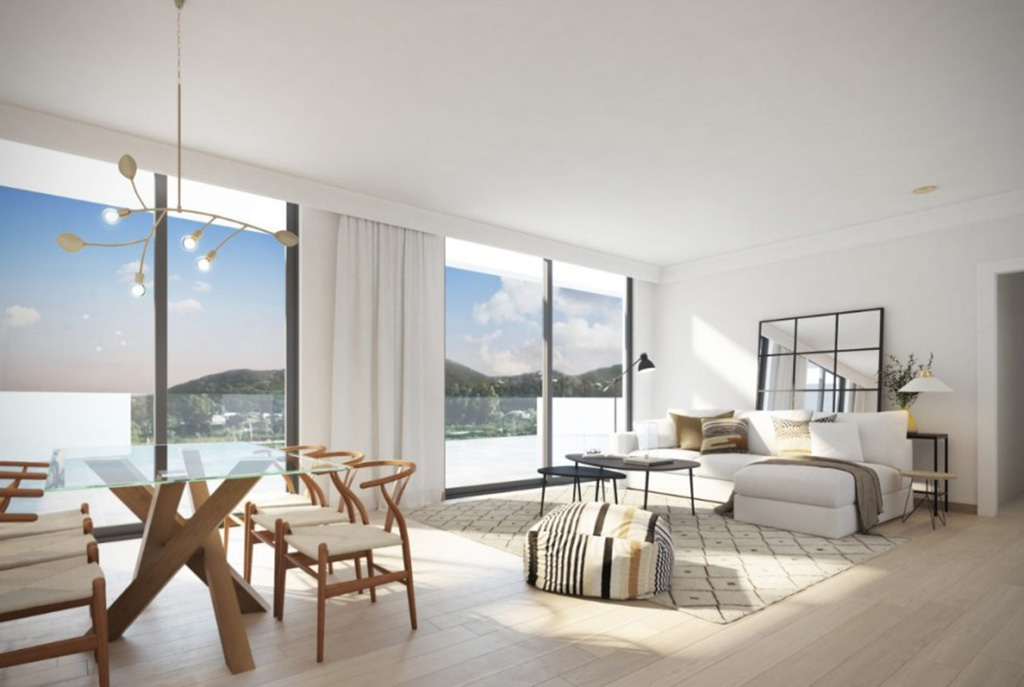 słoneczny pokój dzienny w ekskluzywnym apartamencie na sprzedaż Hiszpania Fuengirola, Malaga, Costa del Sol