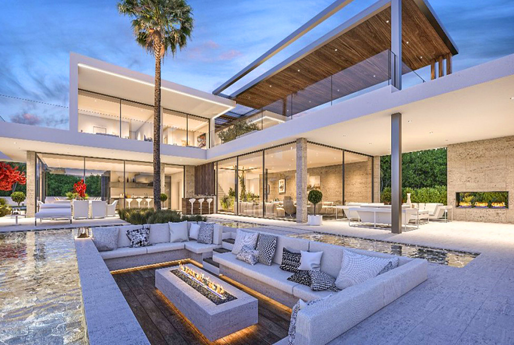 zdjęcie wykonane po zmierzchu pokazujące luksusową willę do sprzedaży w Hiszpanii (Costa del Sol, Malaga)