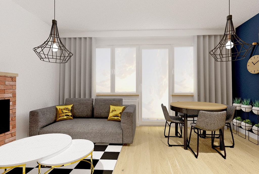 po lewej salon, po prawej jadalnia w luksusowym apartamencie na sprzedaż Kalisz