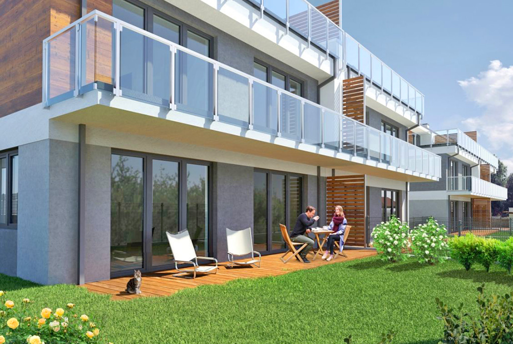funkcjonalnie zaaranżowany teren wokół budynku, w którym mieści się ekskluzywny apartament do sprzedaży Łódź