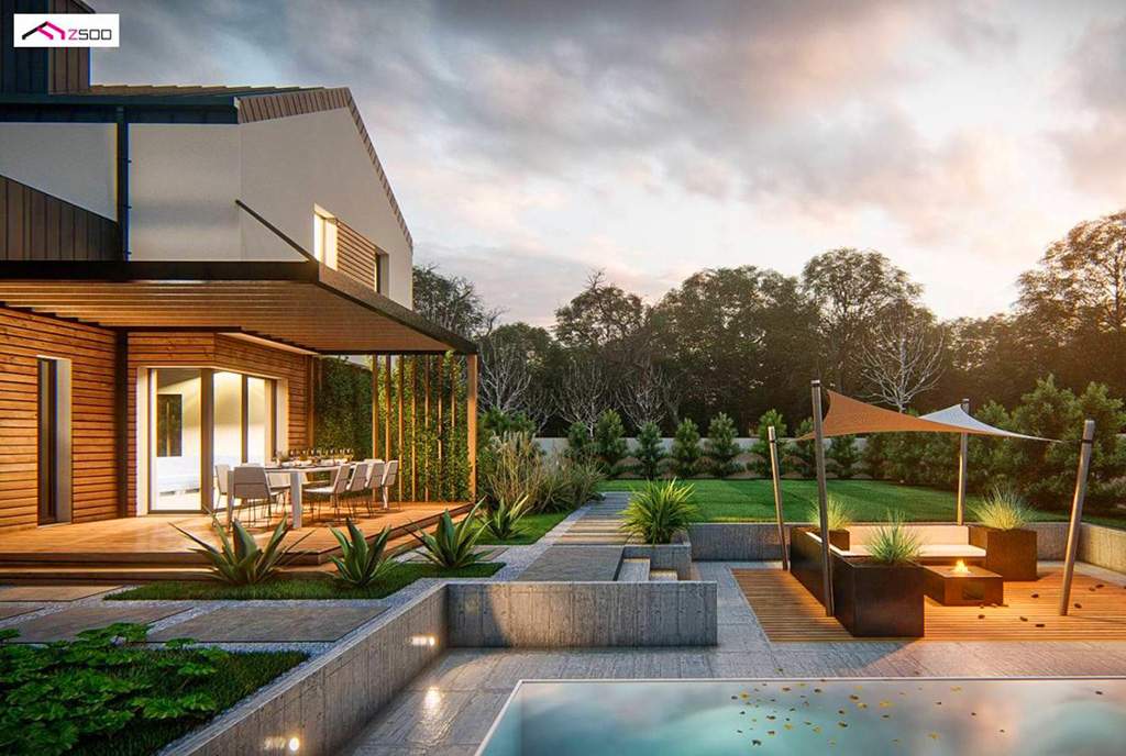 na pierwszym planie taras przy ekskluzywnej willi do sprzedaży Kalisz