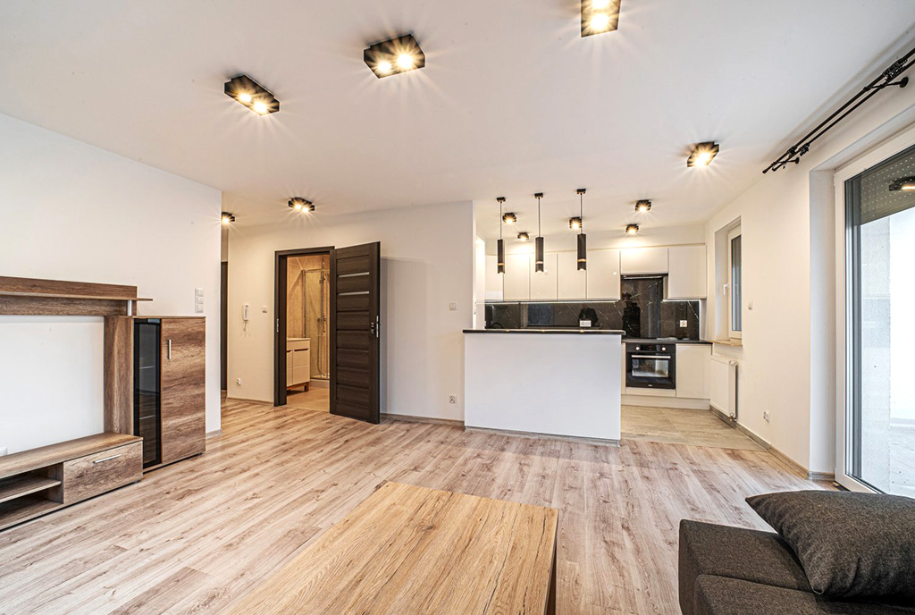 komfortowy salon i aneks kuchenny w luksusowym apartamencie do wynajmu Bolesławiec