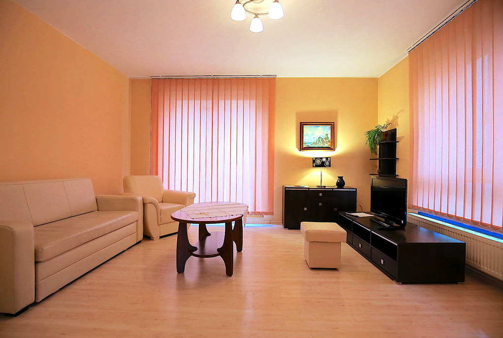 na pierwszym planie pokój gościnny w ekskluzywnym apartamencie na wynajem Szczecin
