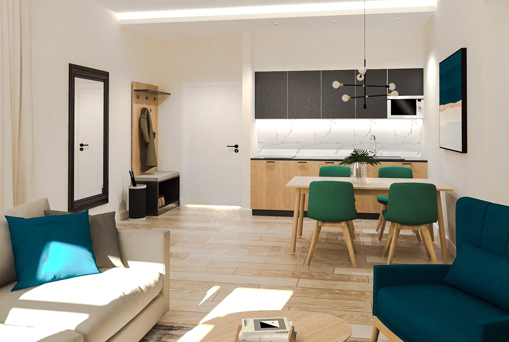 fantastyczny projekt salonu i kuchni w luksusowym apartamencie do sprzedaży Duszniki-Zdrój