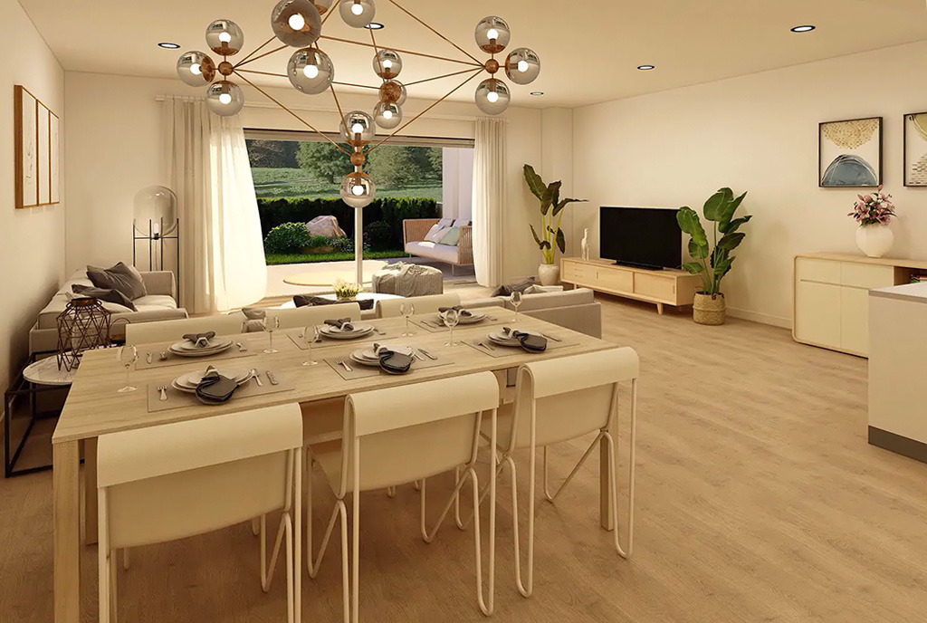 zbliżenie na jadalnię i pokój gościnny w luksusowym apartamencie na sprzedaż Hiszpania (Estepona)