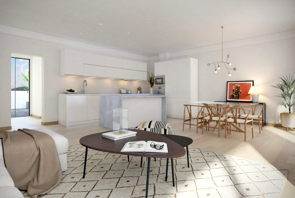 widok z salonu na aneks kuchenny w luksusowym apartamencie na sprzedaż Hiszpania (Fuengirola)