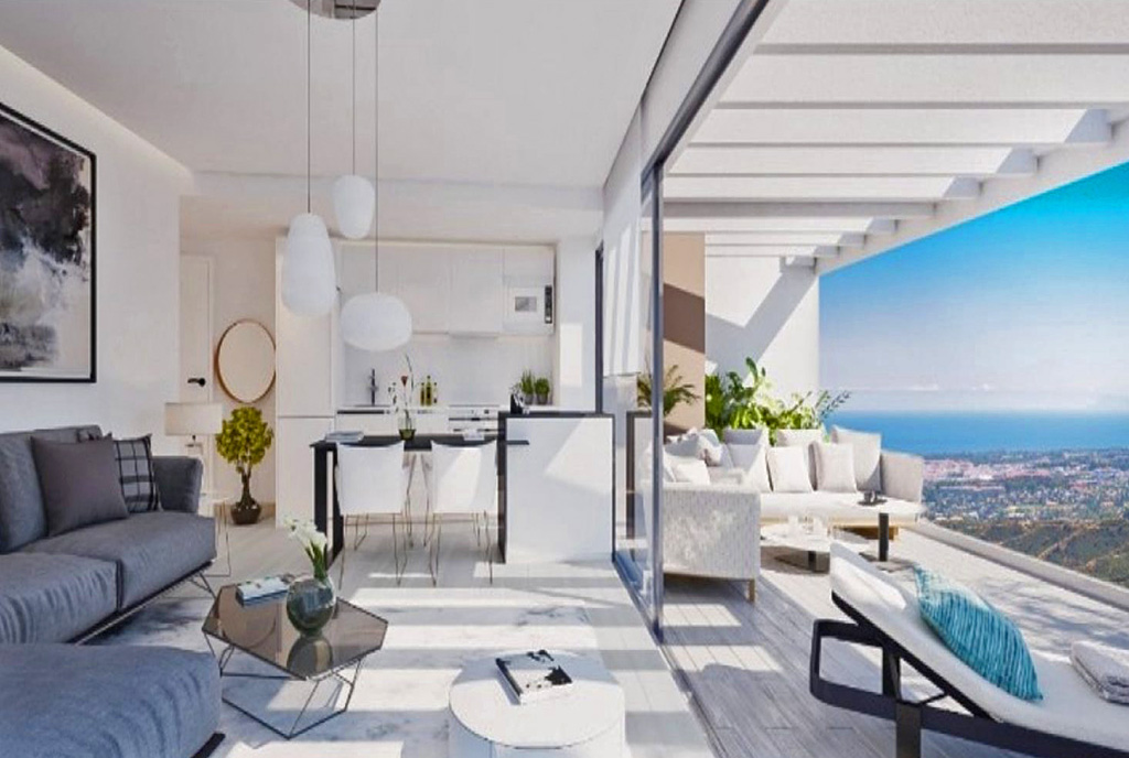 po lewej salon, po prawej taras przy luksusowym apartamencie na sprzedaż Hiszpania (Torrox, Malaga)