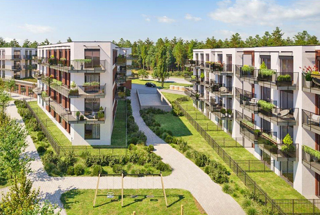 widok na całe osiedle, na którym znajduje się oferowany na sprzedaż luksusowy apartament Gdański