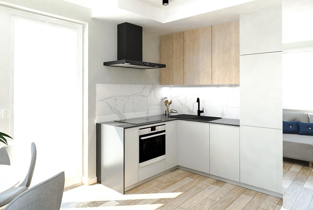 kuchnia w funkcjonalnej zabudowie w ekskluzywnym apartamencie do sprzedaży Ostrów Wielkopolski