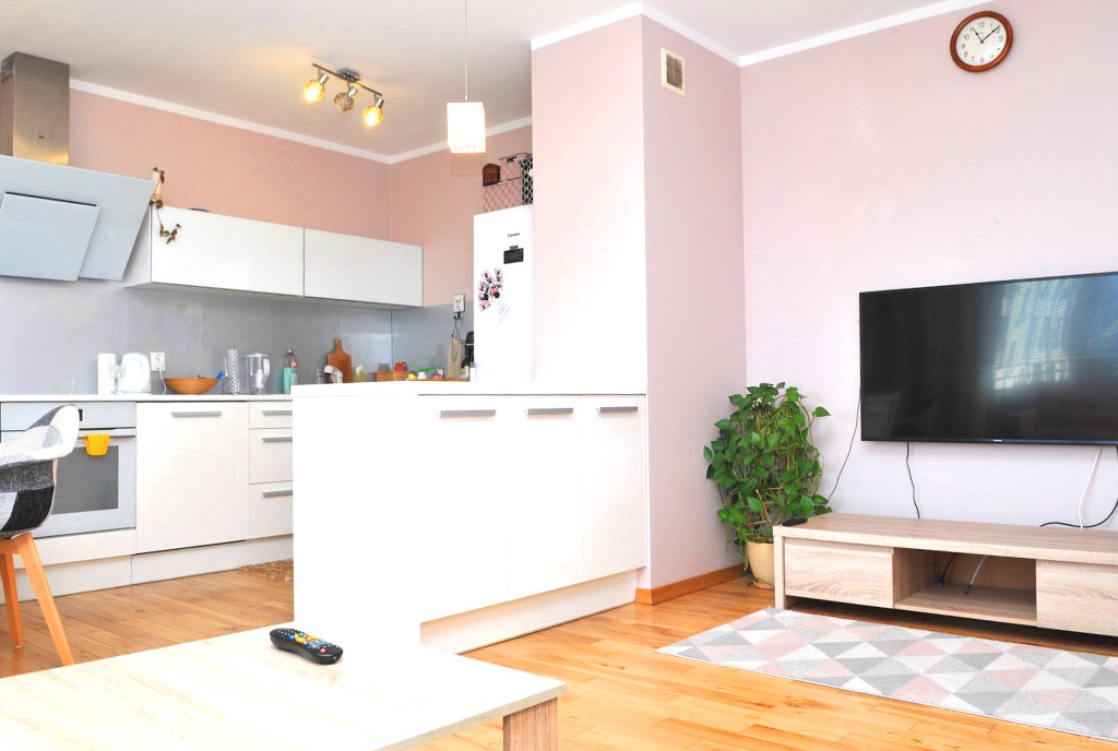 na zdjęciu aneks kuchenny i salon w ekskluzywnym apartamencie do sprzedaży Szczecin