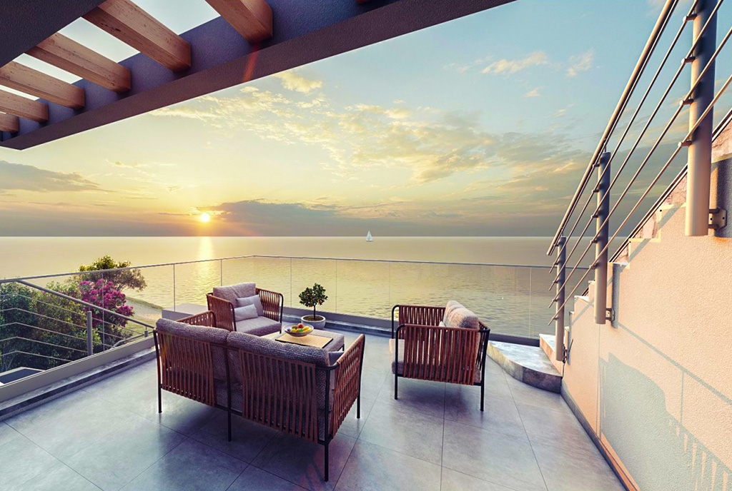 skapany w blasku słońca taras przy luksusowym apartamencie na sprzedaż Cypr (Tatlisu)