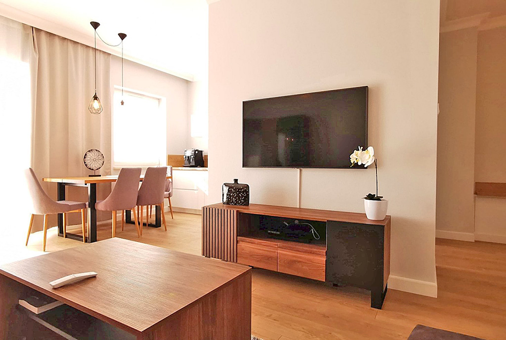 na pierwszym planie pokój gościnny w ekskluzywnym apartamencie na wynajem Słupsk