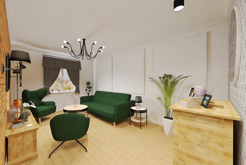 widok z innej perspektywy na pokój gościnny w luksusowym apartamencie na sprzedaż Elbląg