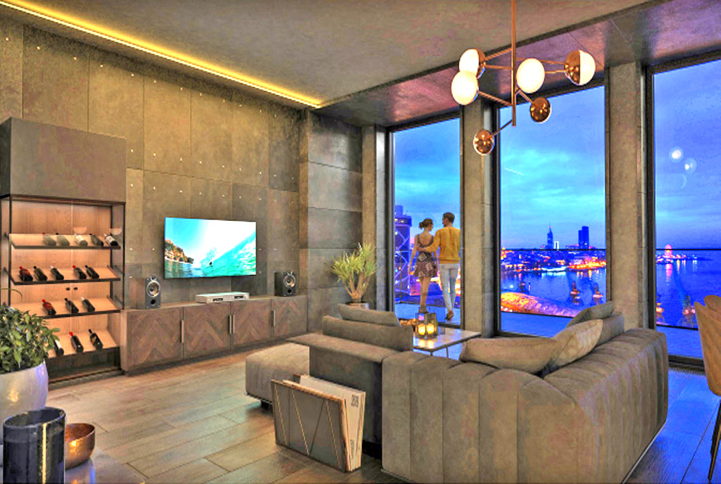 zapierający dech w piersiach pokój dzienny w ekskluzywnym apartamencie do sprzedaży Gruzja (Batumi