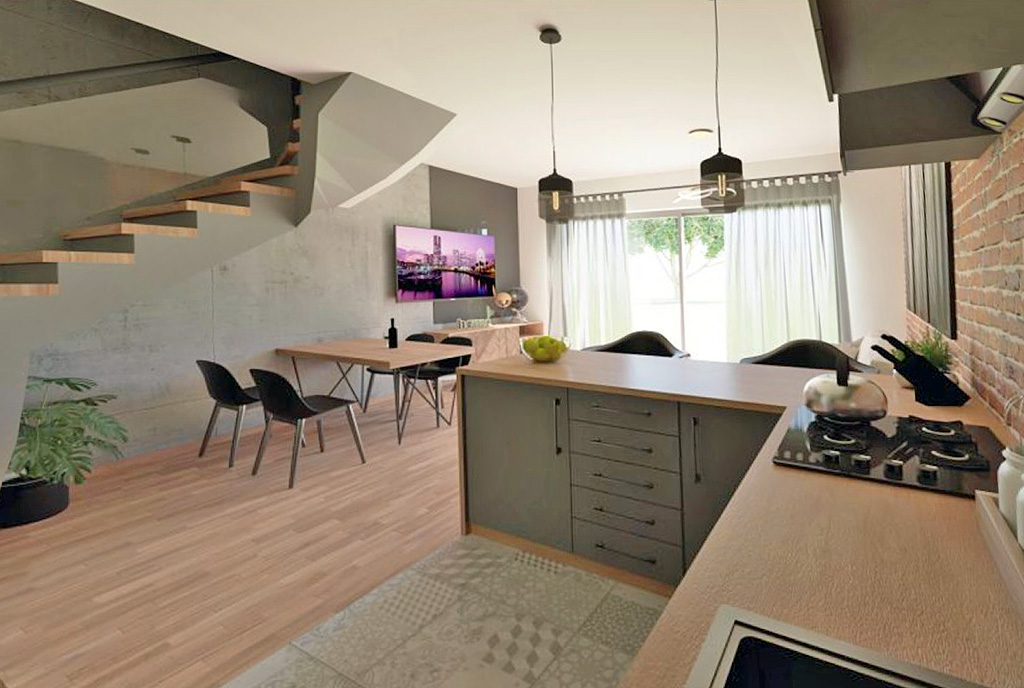 zaaranżowany we współczesnym designie pokój dzienny i jadalnia w luksusowym apartamencie na sprzedaż Tarnów