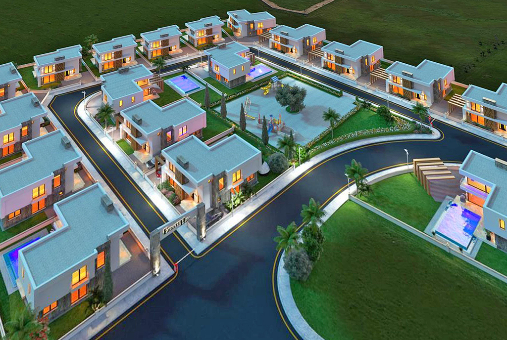 zdjęcie prezentuje całe osiedle, na którym znajduje się oferowana na sprzedaż luksusowa willa