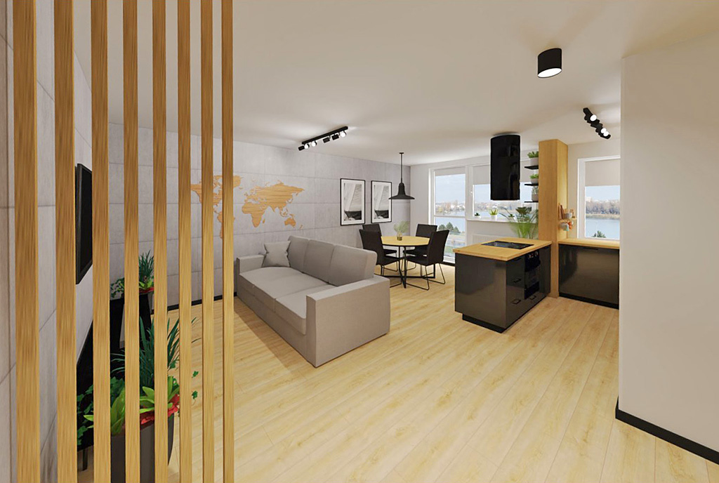 widok z holu na pokój dzienny w luksusowym apartamencie na sprzedaż Elbląg
