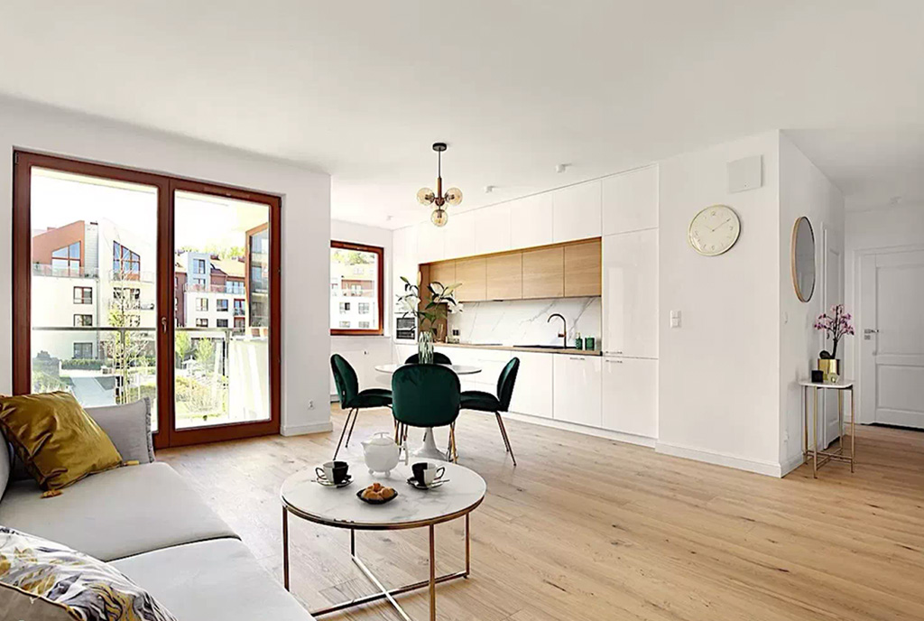 utrzymane w jasnych kolorach wnętrze ekskluzywnego apartamentu do sprzedaży Gdynia